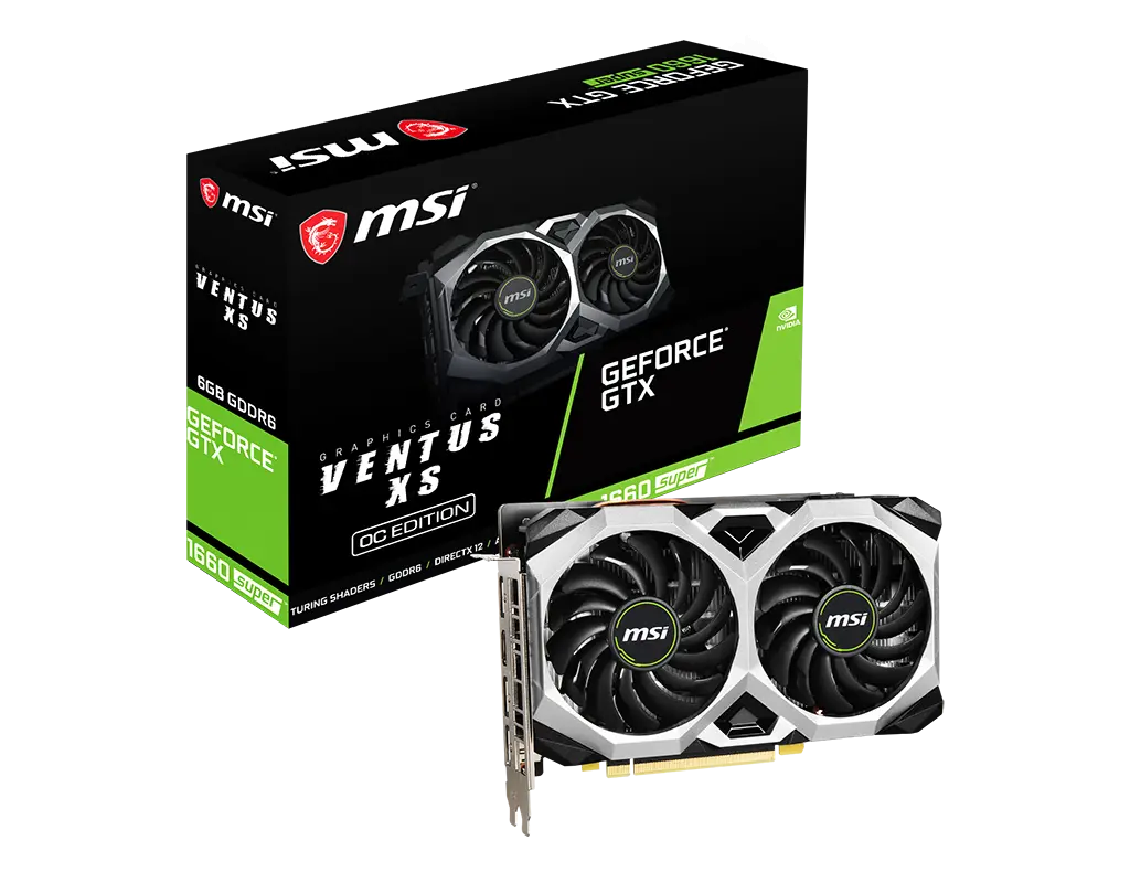 MSI GeForce GTX 1660 SUPER VENTUS XS OC: one graphics card beside its exact model retail box