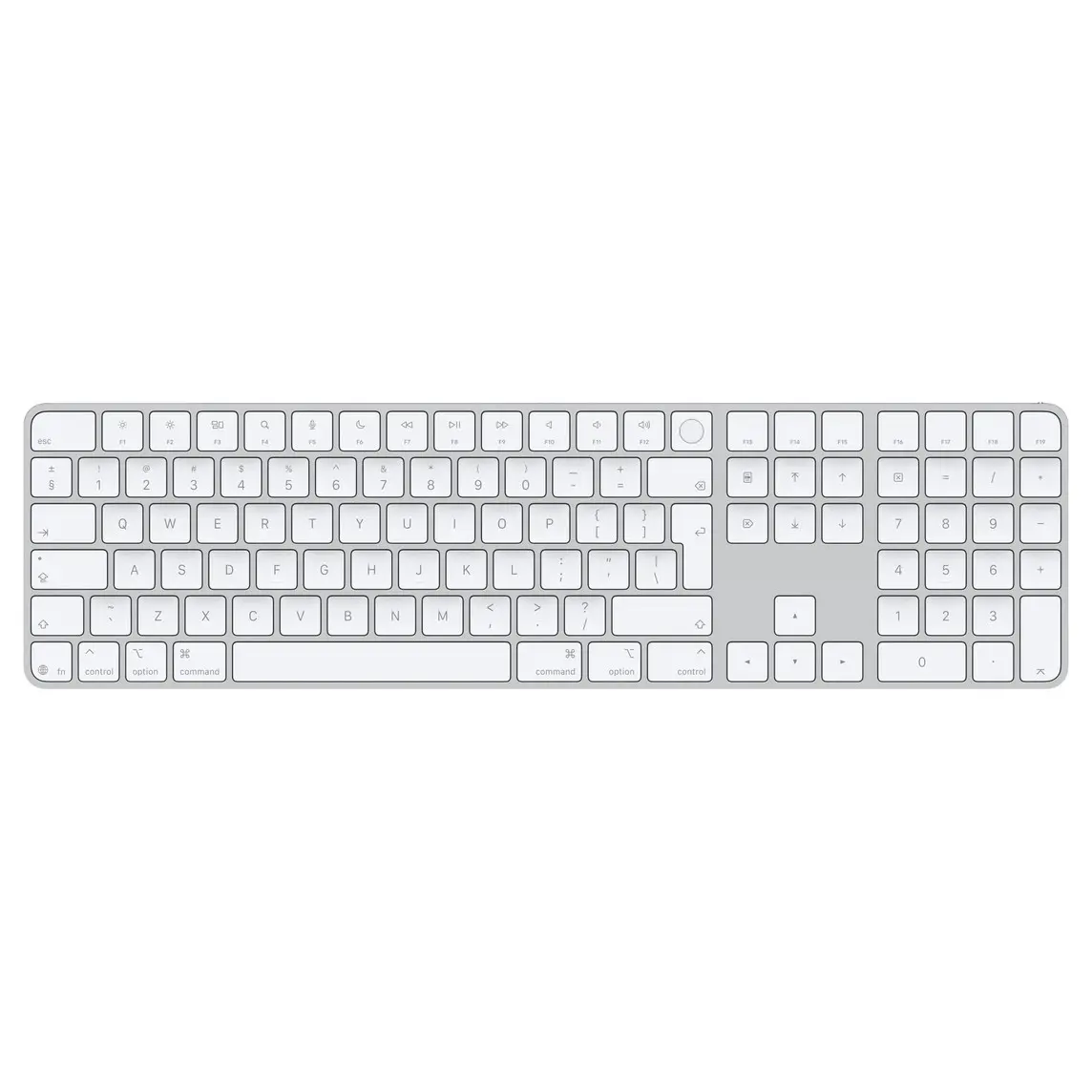 Magic Keyboard with Touch ID and Numeric Keypad, whitekeys, silver aluminium structure, round Touch ID sensor, full-height function keys