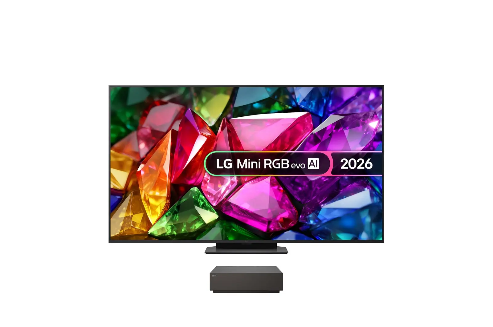 Front view of 75 inch LG Mini RGB evo AI MRGB9M True Wireless 4K Smart TV 75MRGB9MB9B