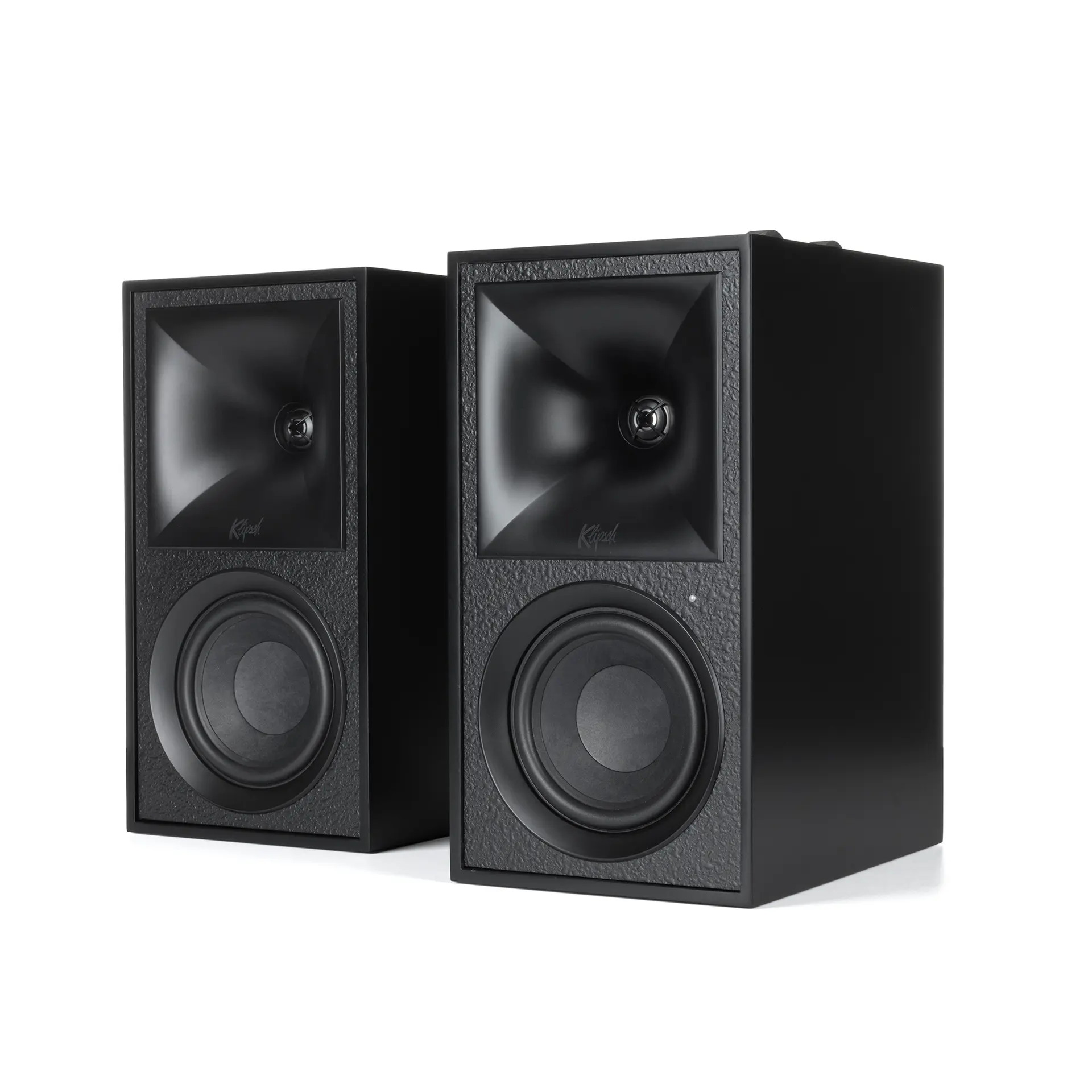 Pair of matte black Klipsch The Fives powered speakers without grilles, showing square horn tweeters above round woofers