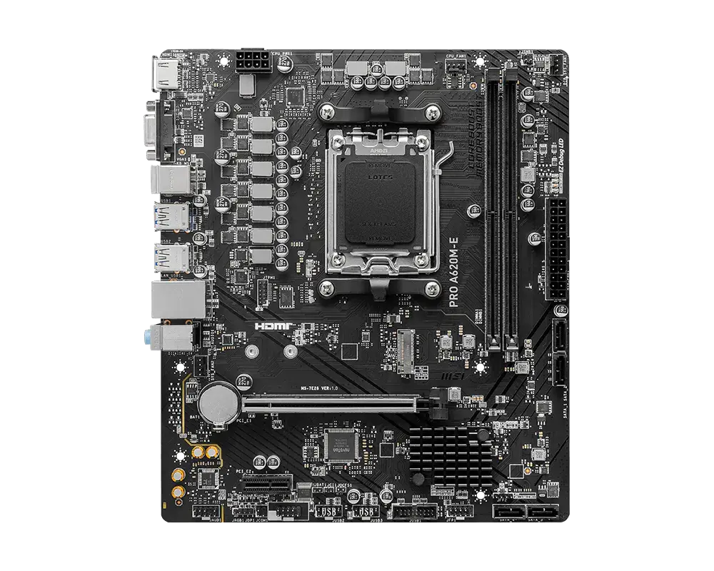 MSI PRO A620M-E motherboard, top view of the exact global model; CPU and memory are not installed
