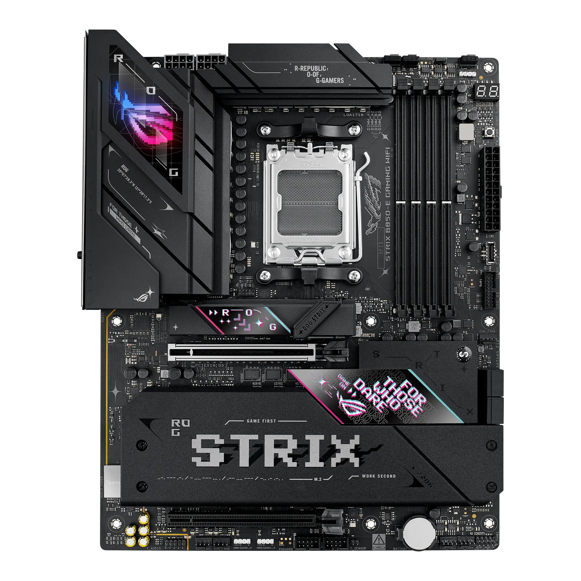 ASUS ROG STRIX B850-E GAMING WIFI motherboard, official front view showing its exact board layout, processor socket, memory slots and heatsinks.