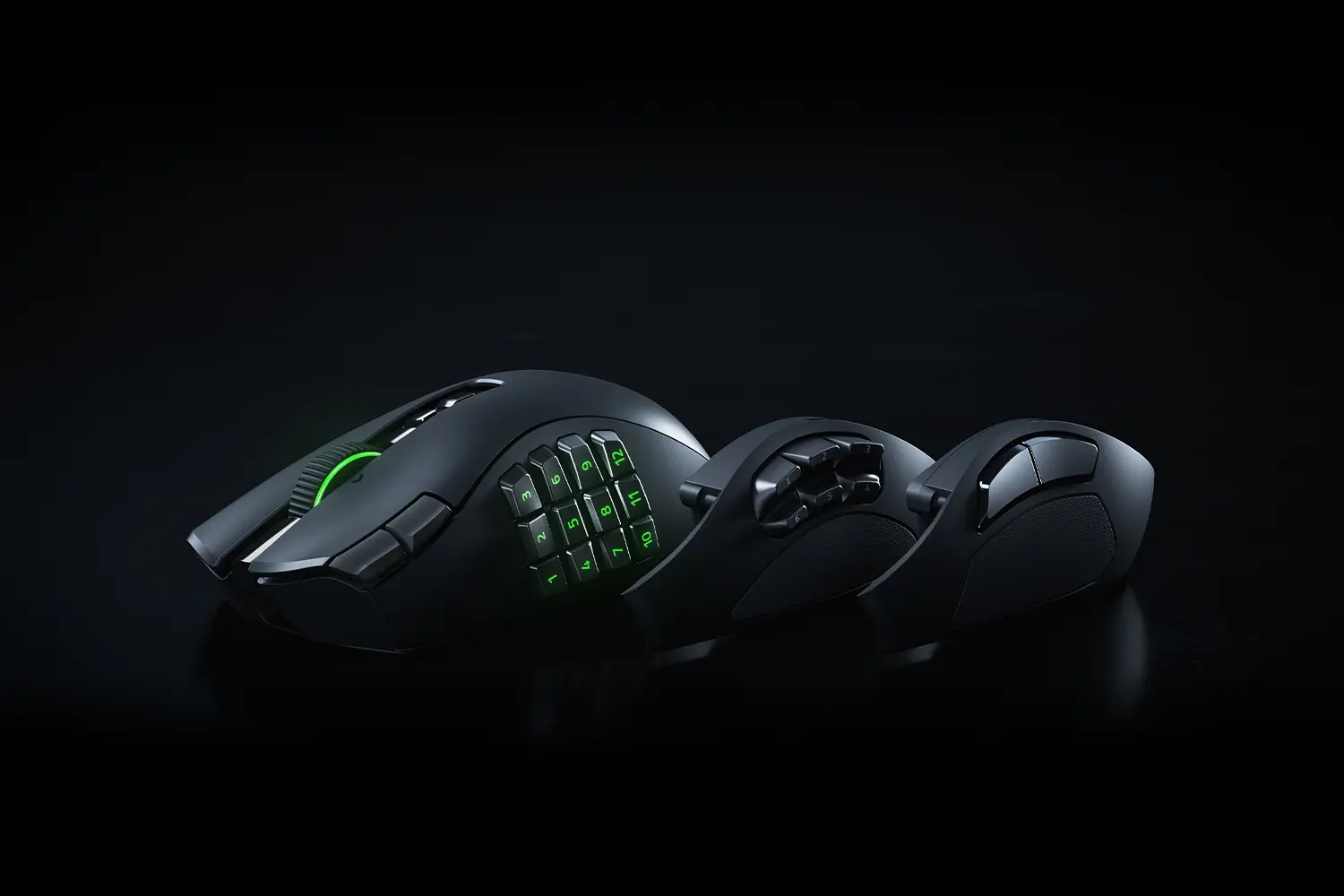 Razer Naga V3 Pro wireless mouse in black with the green-lit 12-button side plate fitted, shown beside its 6-button and 2-button side plates on a dark background