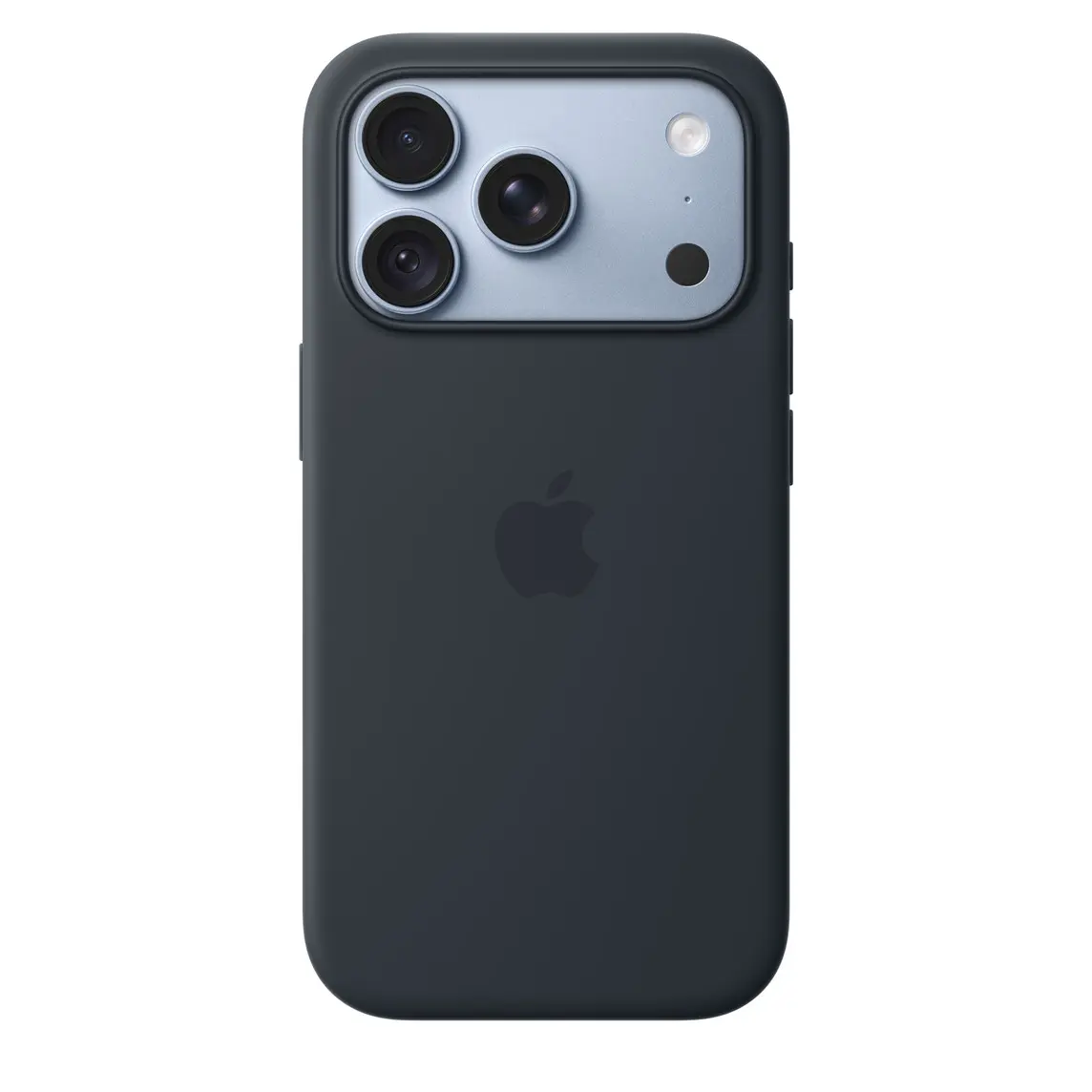 iPhone 18 Pro Silicone Case with MagSafe in navy blue colour (dark blue), back exterior, embedded Apple logo in centre, attached to iPhone 18 Pro in glacier colour (light blue), visible through camera cutout