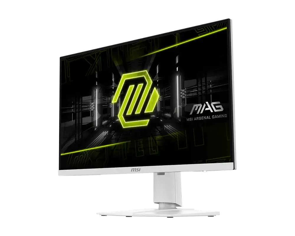 MSI MAG 274URFW: one monitor with its supplied stand, shown from the front at an angle