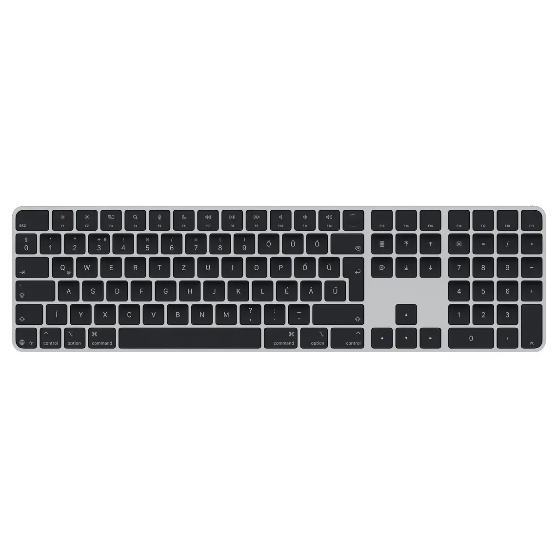 Magic Keyboard with Touch ID and Numeric Keypad, black keys, silver aluminium structure, round Touch ID sensor, full-height function keys