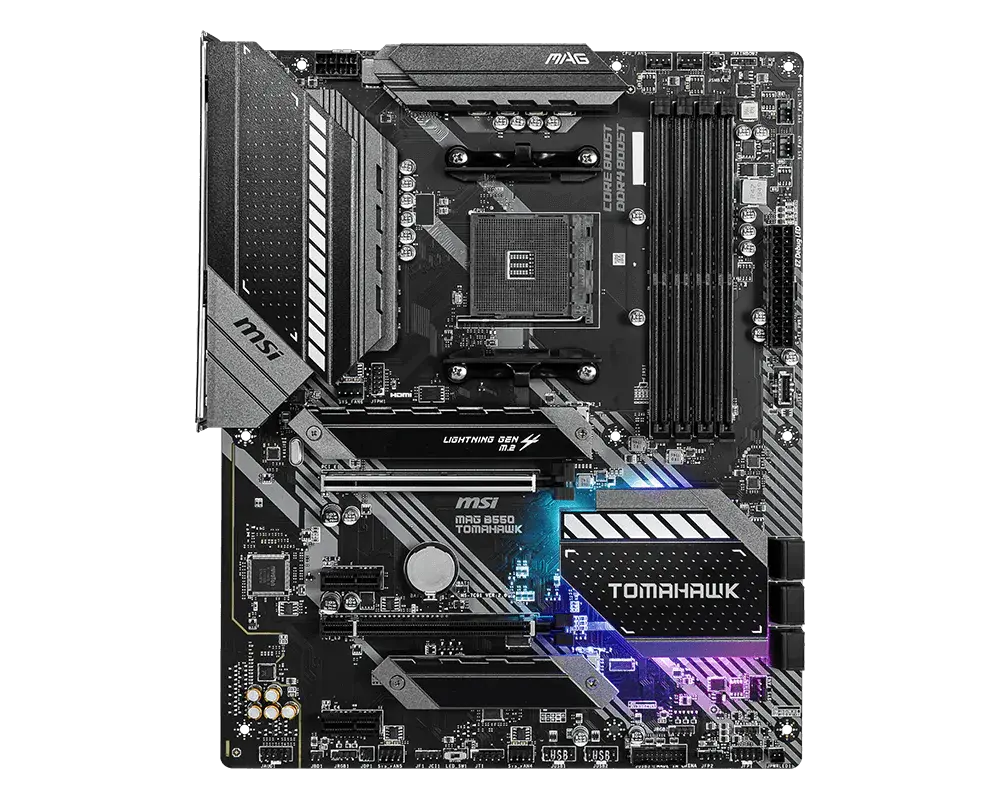 MSI MAG B550 TOMAHAWK motherboard, top view of the exact global model; CPU and memory are not installed