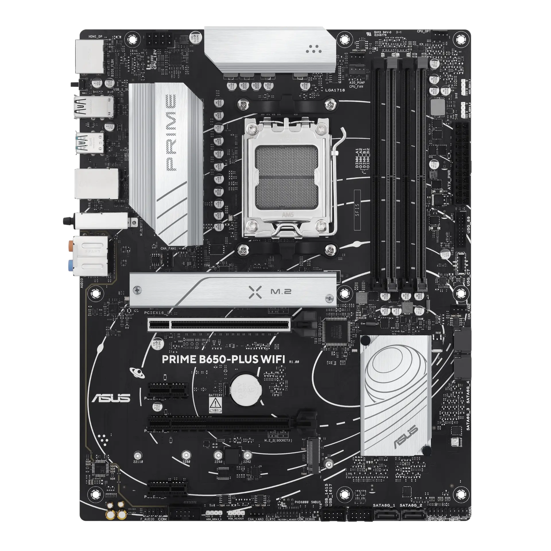 ASUS PRIME B650-PLUS WIFI motherboard with its exact model name printed on the PCB, AM5 socket, four DIMM slots and silver heatsinks.