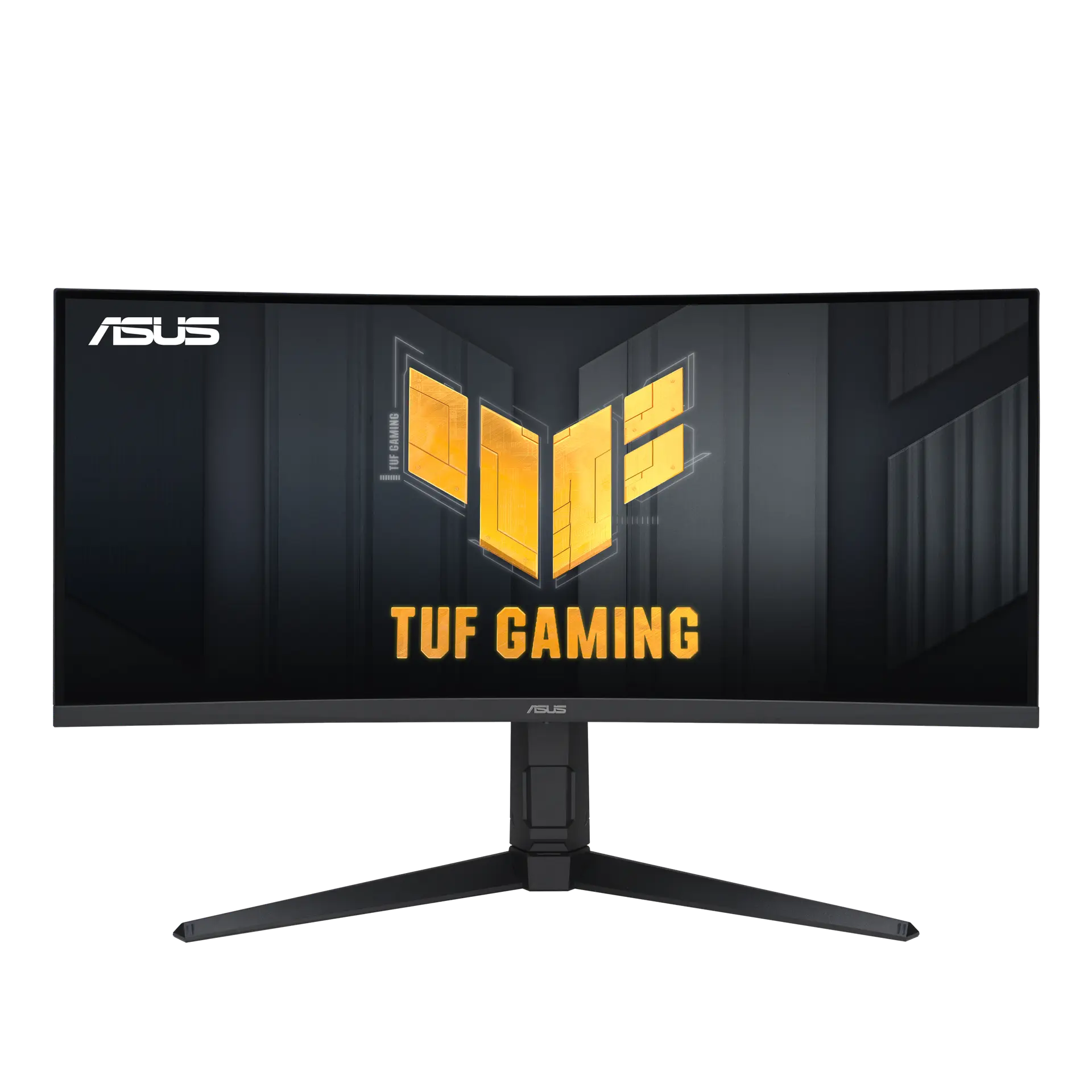 ASUS TUF Gaming VG34VQL3A curved ultrawide monitor from the front on its height-adjustable stand, with TUF Gaming screen artwork.