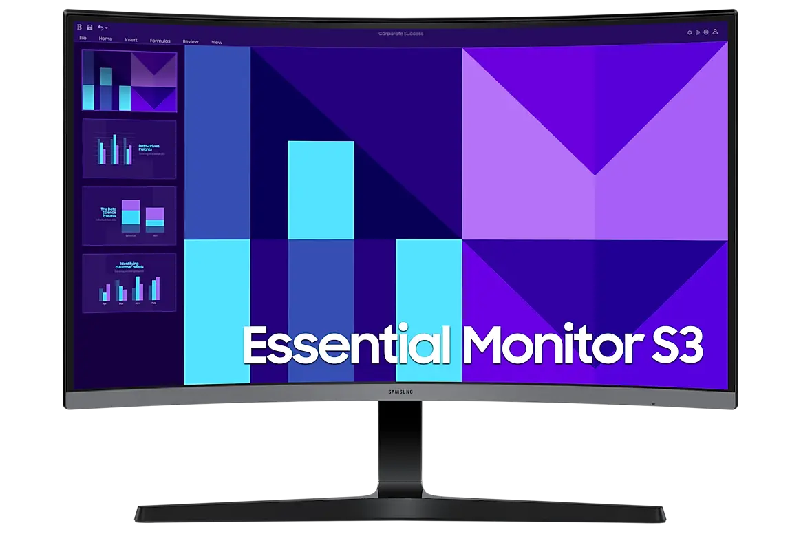 Samsung Essential S39GD 27-inch monitor, official exact-model gallery view showing the screen and supplied stand.