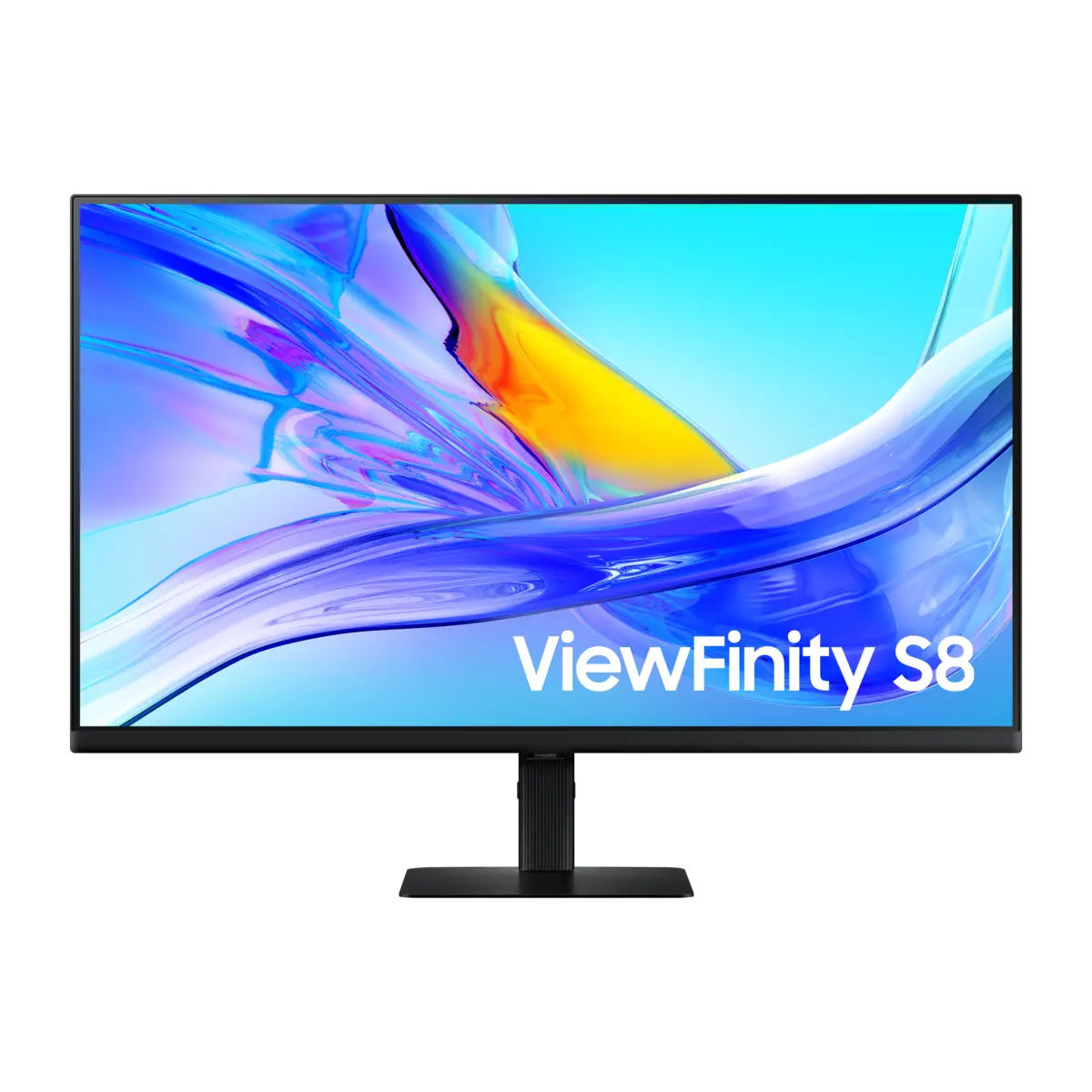 Front of 32 inch Samsung ViewFinity S80UD with blue wave on screen.