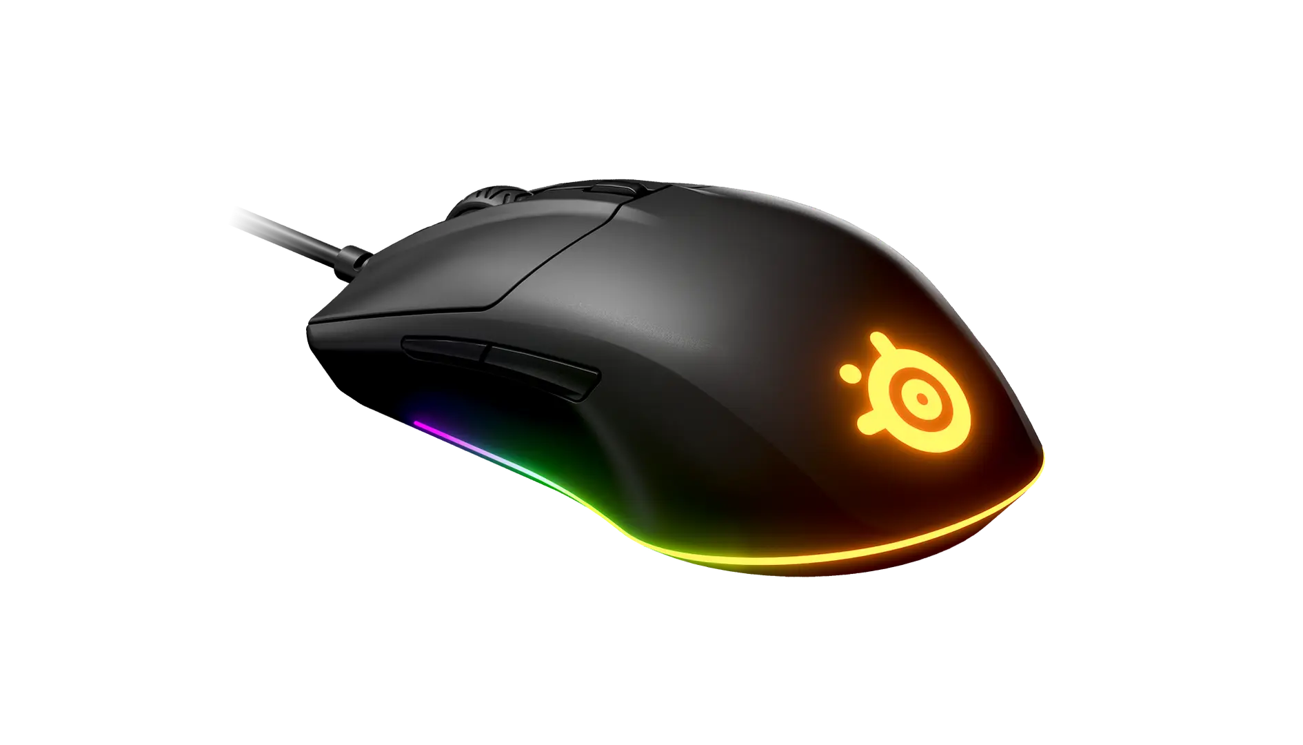 SteelSeries Rival 3 wired mouse in black, angled view showing the two left side buttons, cable, illuminated logo and RGB light strip