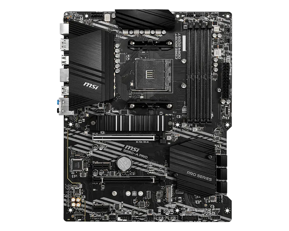 MSI B550-A PRO motherboard, top view of the exact global model; CPU and memory are not installed