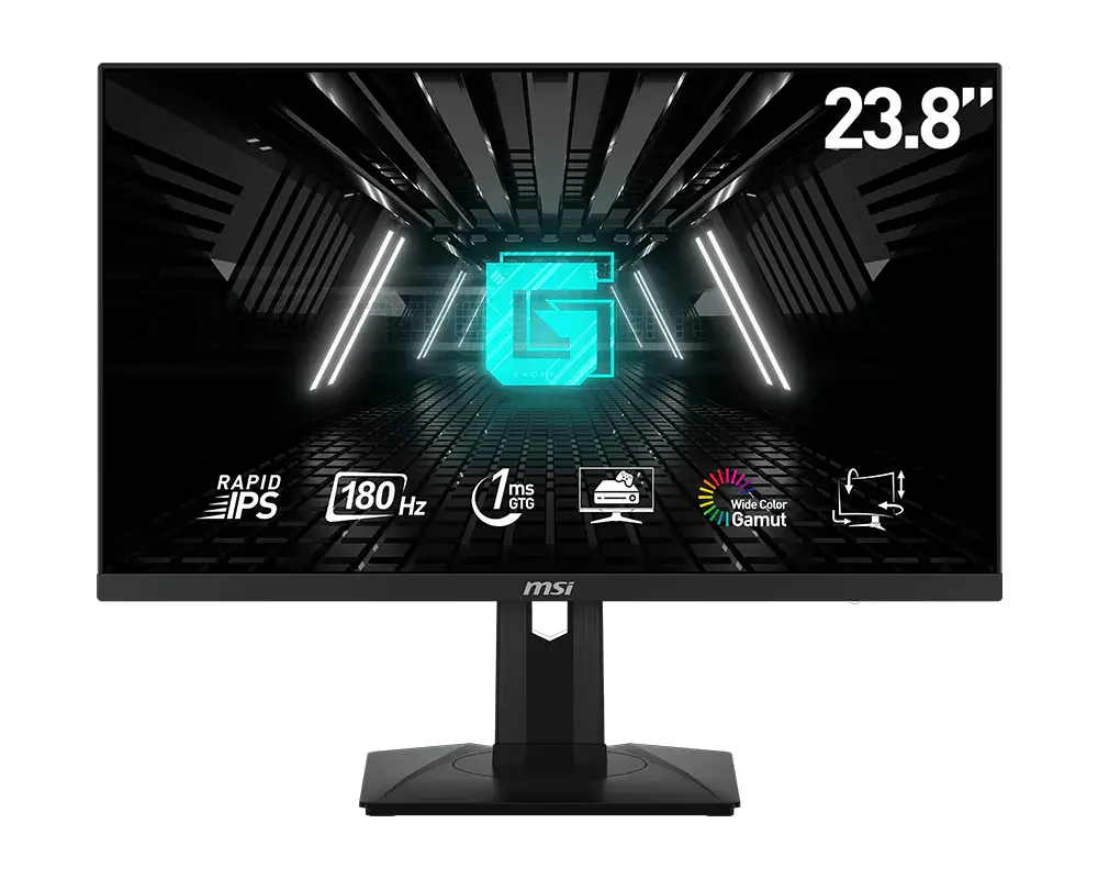 MSI G244PF E2: one monitor with its supplied stand, shown from the front