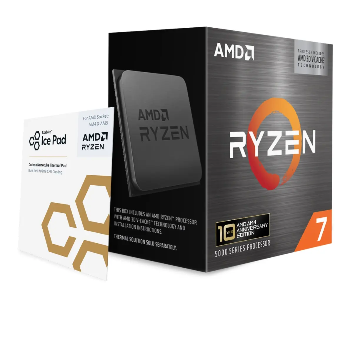AMD's official Ryzen 7 5800X3D anniversary retail box with Carbice Ice Pad; exact model association is established by the cited manufacturer page.