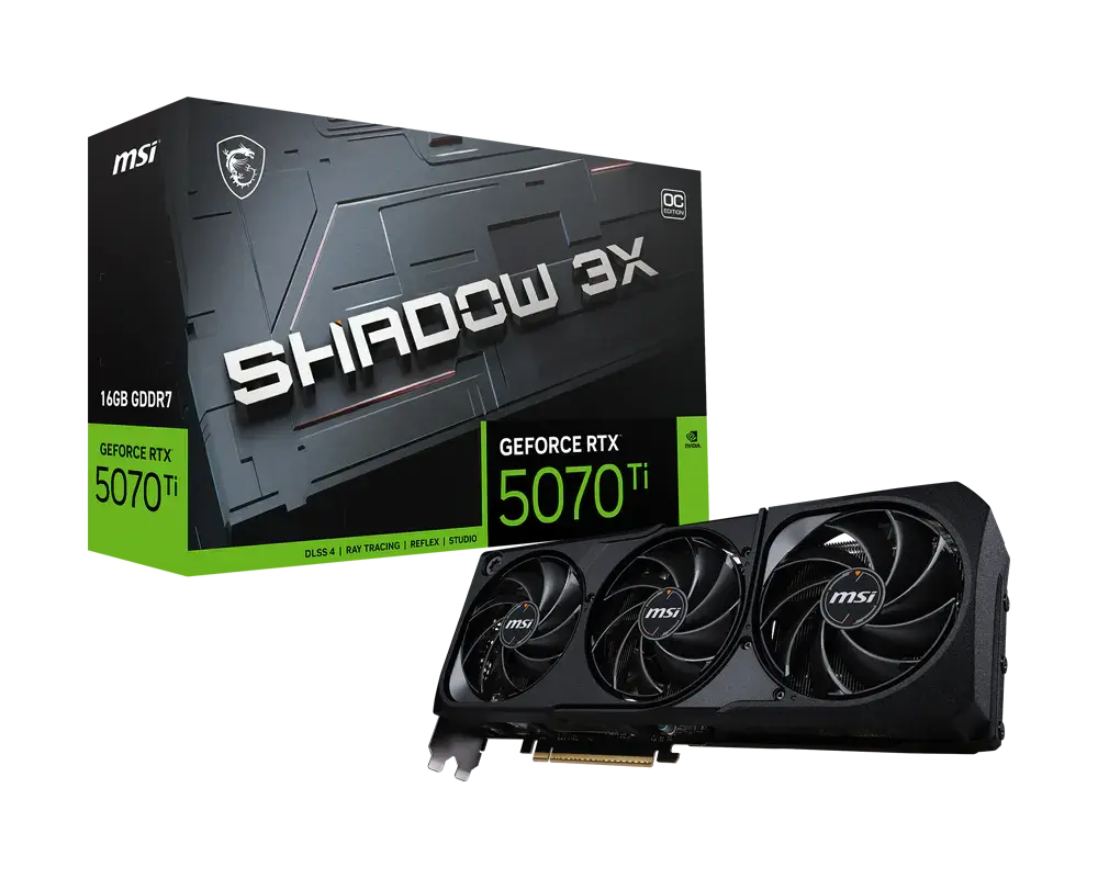 MSI GeForce RTX 5070 Ti 16G SHADOW 3X OC: one graphics card beside its exact model retail box