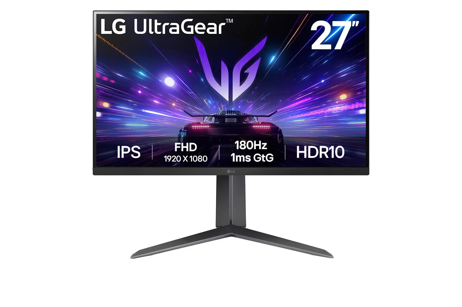 Front view of 27” LG UltraGear™ Full HD IPS Gaming Monitor, 180Hz, IPS 1ms (GtG), HDR10, Black 27GS65F-B