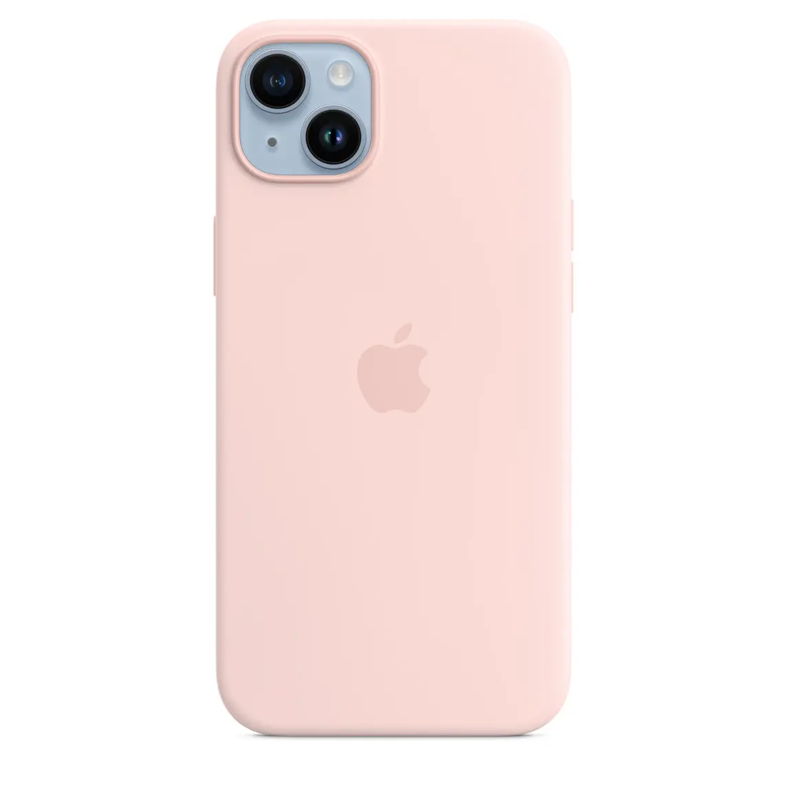 iPhone 14 Plus Silicone Case with MagSafe in Chalk Pink with iPhone 14 Plus in Blue.