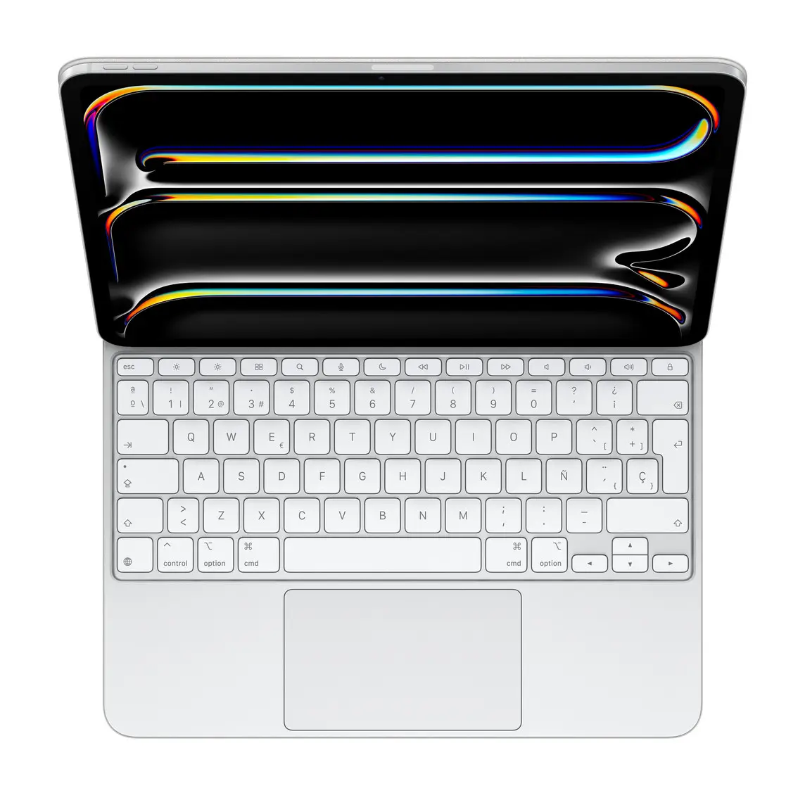 iPad Pro attached to Magic Keyboard, White, white keys with grey text, inverted T arrow keys, function key row, built-in trackpad