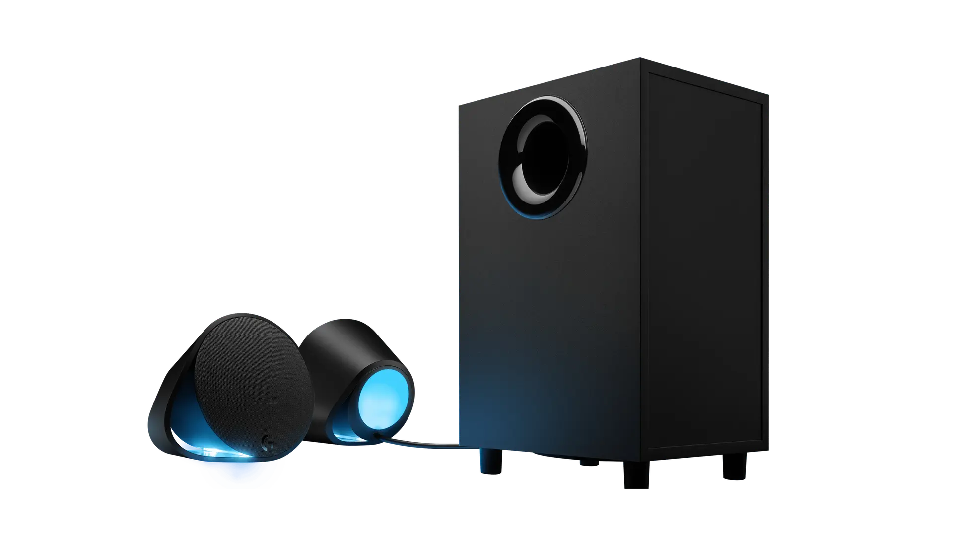 Black Logitech G560 gaming speaker system: two rounded satellites with blue lighting beside a tall subwoofer