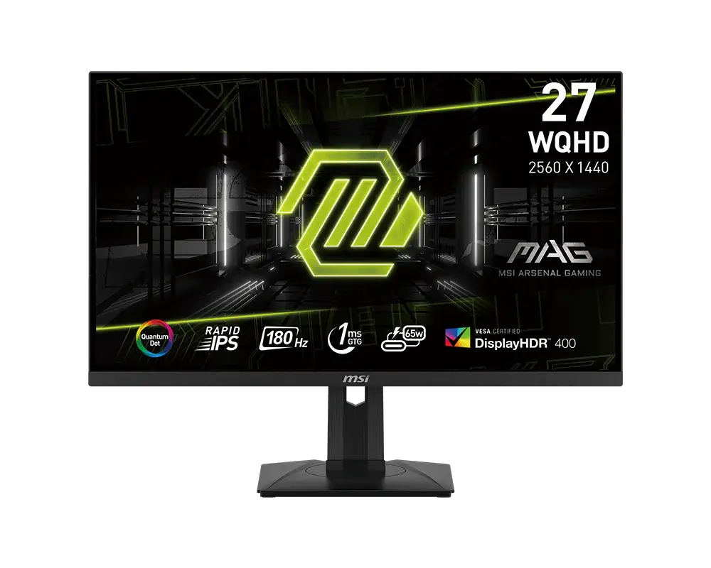 MSI MAG 274QRF QD E2 monitor on its supplied stand, official front view with manufacturer sample screen artwork