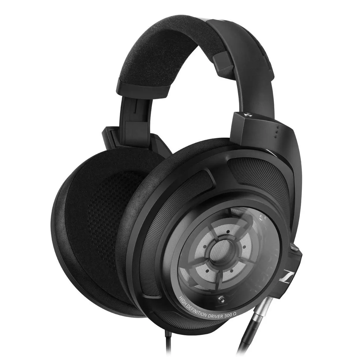 Sennheiser HD 820 closed-back over-ear headphones in black with glass ear-cup covers, three-quarter view