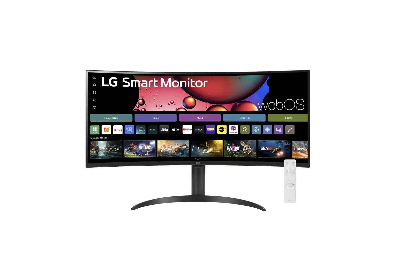 Front view of 34” LG Smart Monitor, Curved WQHD Display, webOS, LG ThinQ, Screen Share, Bluetooth, Black 34SR65QC-B