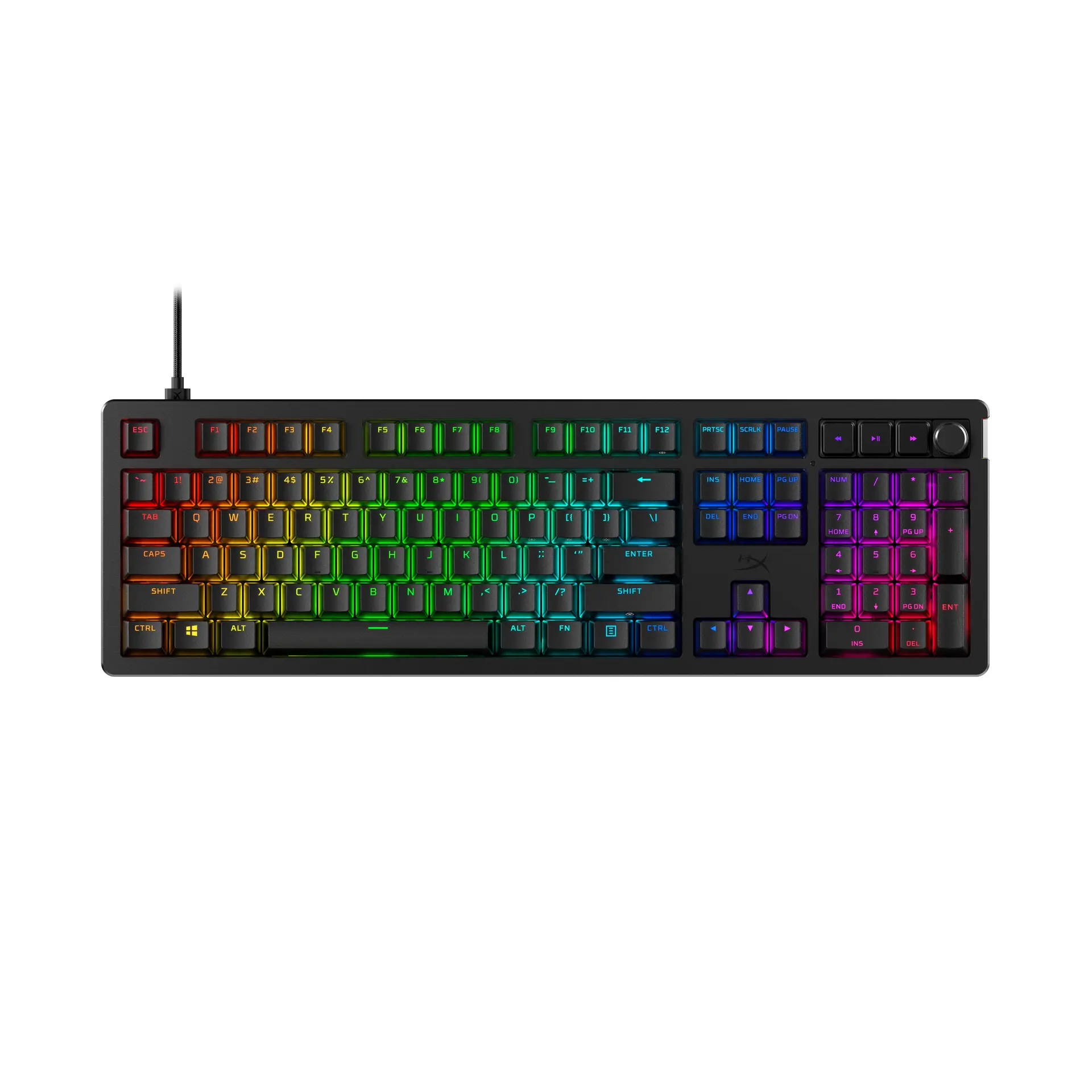 HyperX Alloy Rise black full-size keyboard with US layout, media keys, volume knob and RGB lighting, official top view