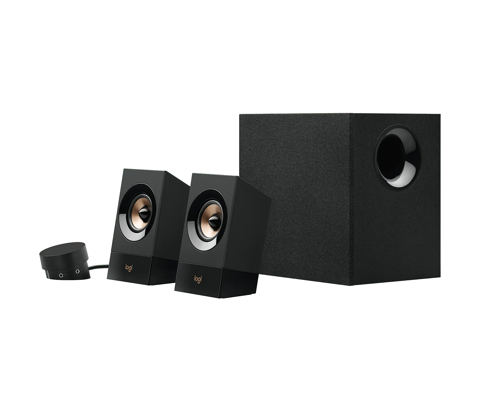 Black Logitech Z533 2.1 system: two small satellites with copper-toned drivers, a fabric-front subwoofer and a round wired control pod