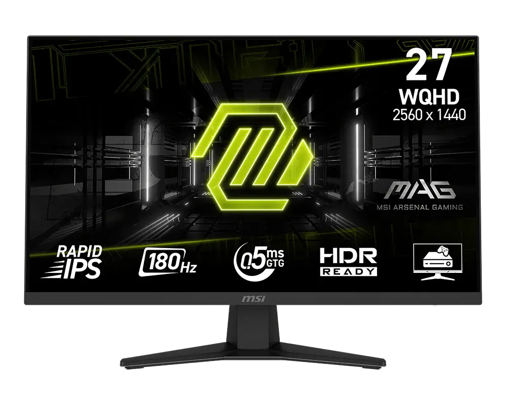 MSI MAG 274QF monitor on its supplied stand, official front view with manufacturer sample screen artwork