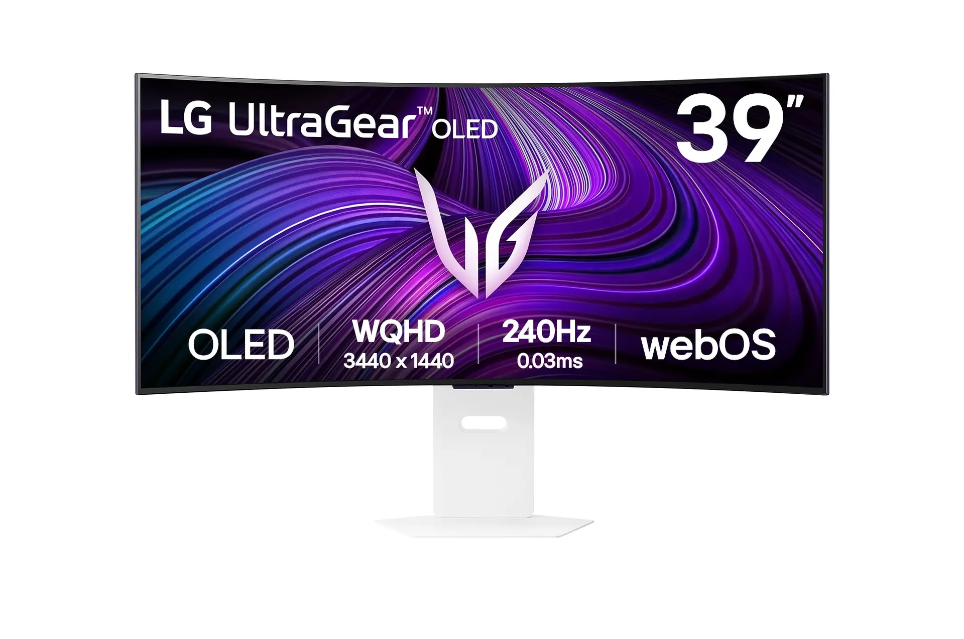 LG UltraGear 39GX90SA-W exact UK-model official front view on its supplied stand.