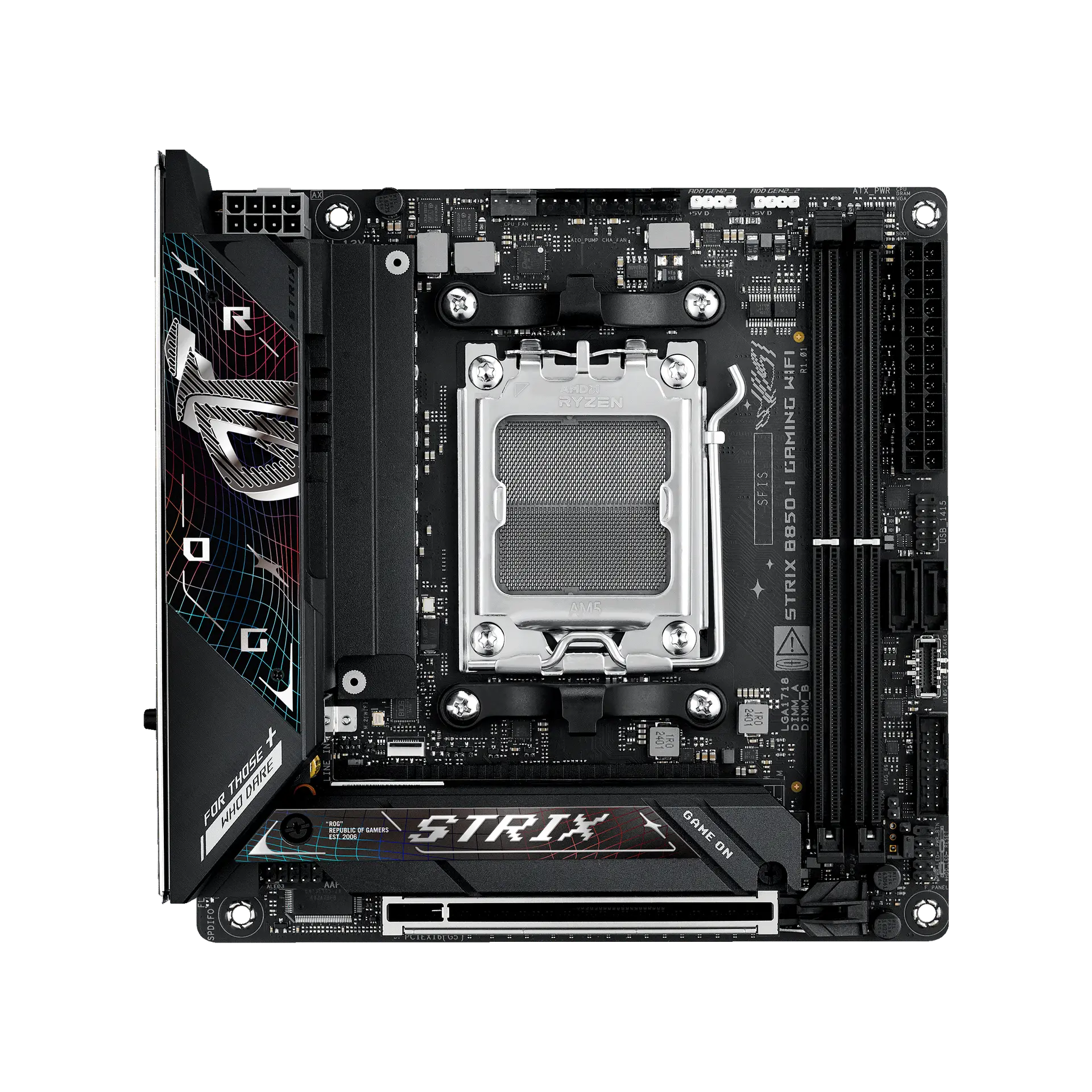 ASUS ROG STRIX B850-I GAMING WIFI motherboard, official front view showing its exact board layout, processor socket, memory slots and heatsinks.