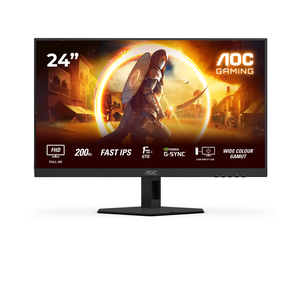 AOC 24G4HRE monitor, official exact-model gallery view showing the screen and supplied stand.