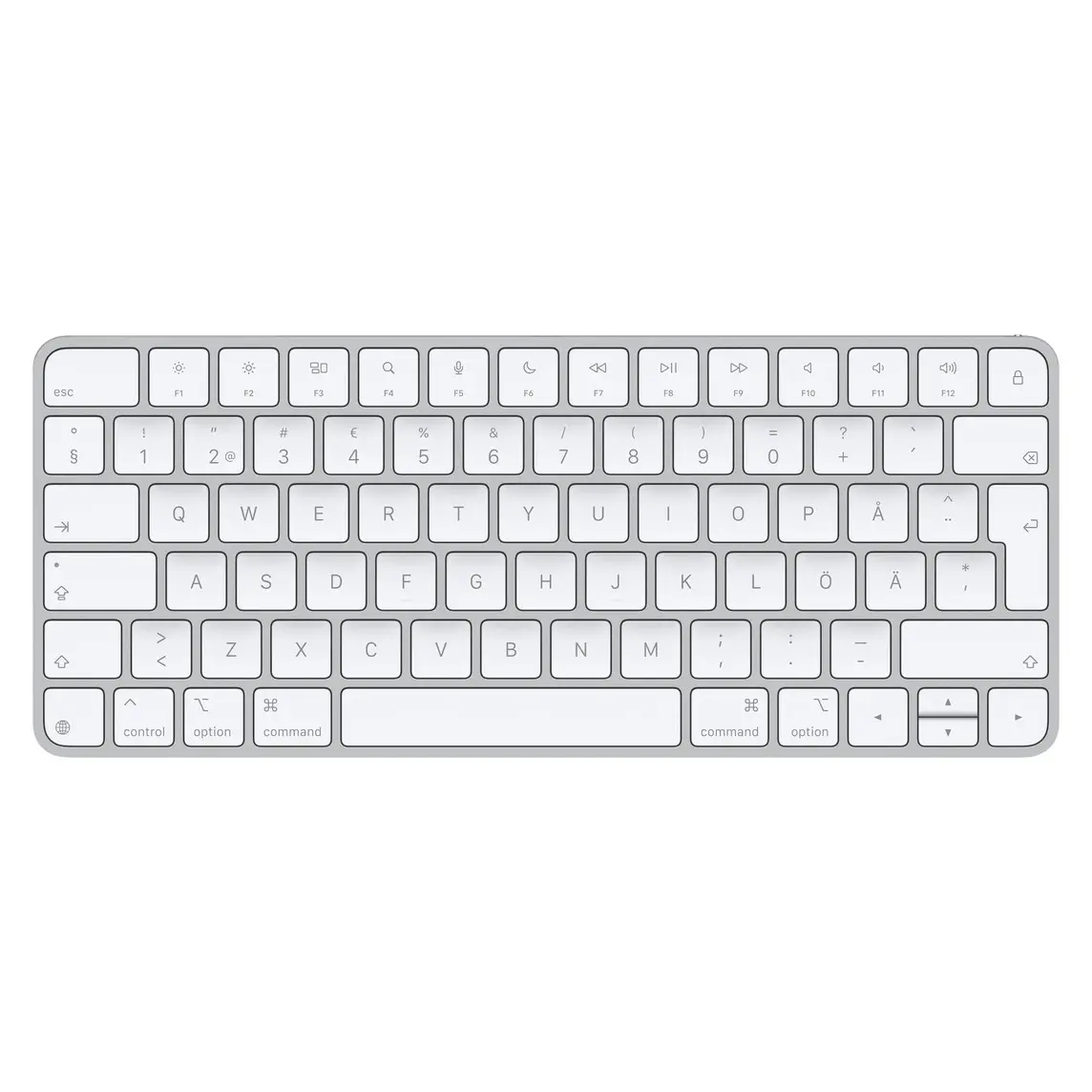 Magic Keyboard, white keys, silver aluminium structure, full-height function keys, half-height up and down arrow keys