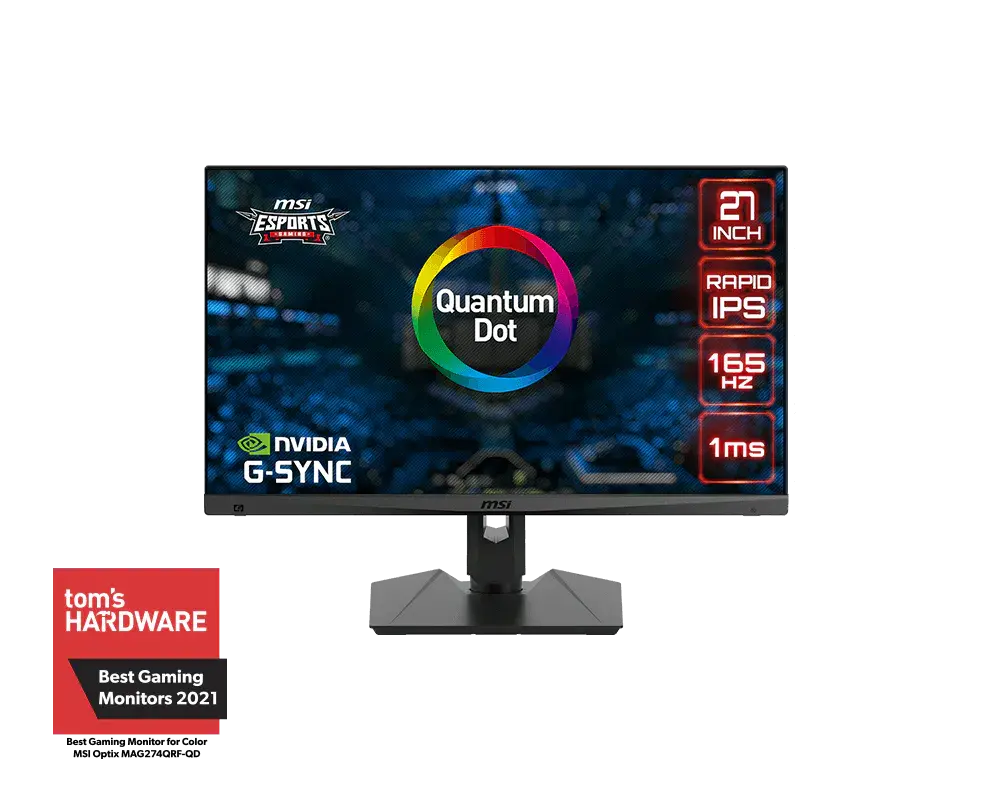 MSI Optix MAG274QRF-QD monitor on its supplied stand, official front view with manufacturer sample screen artwork