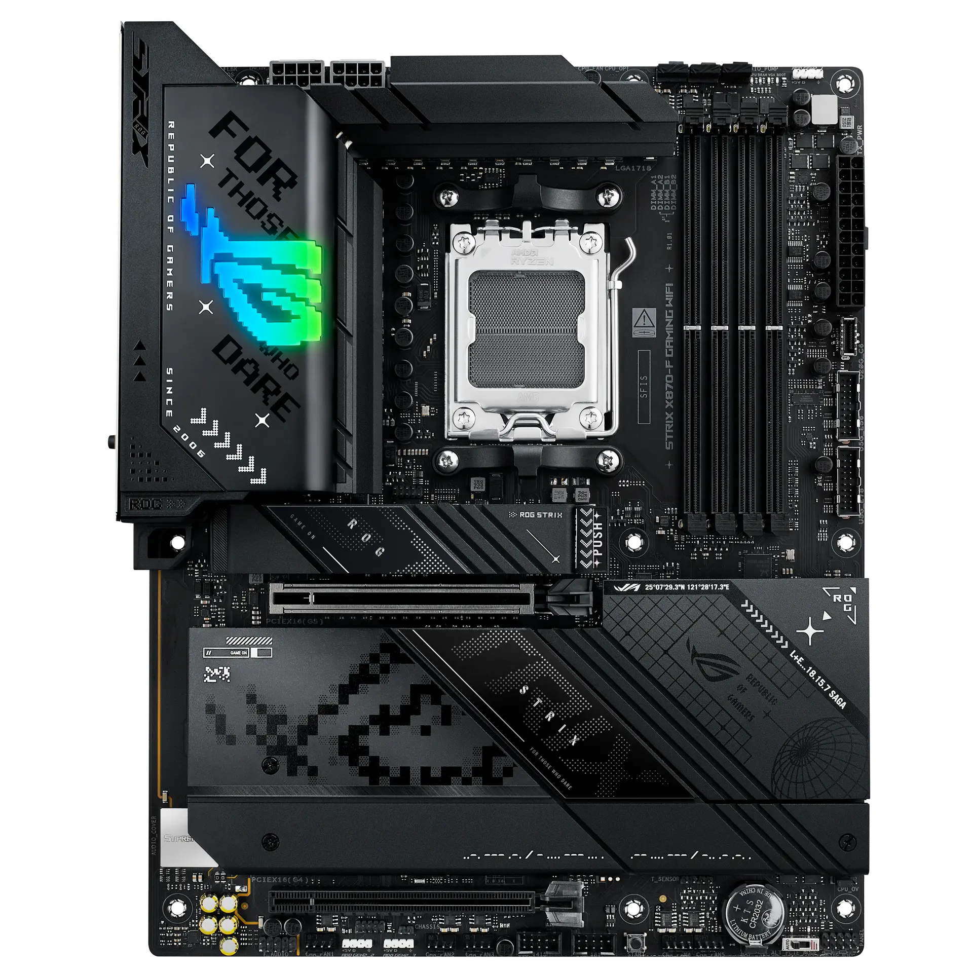 ASUS ROG STRIX X870-F GAMING WIFI motherboard, official front view showing its exact board layout, processor socket, memory slots and heatsinks.
