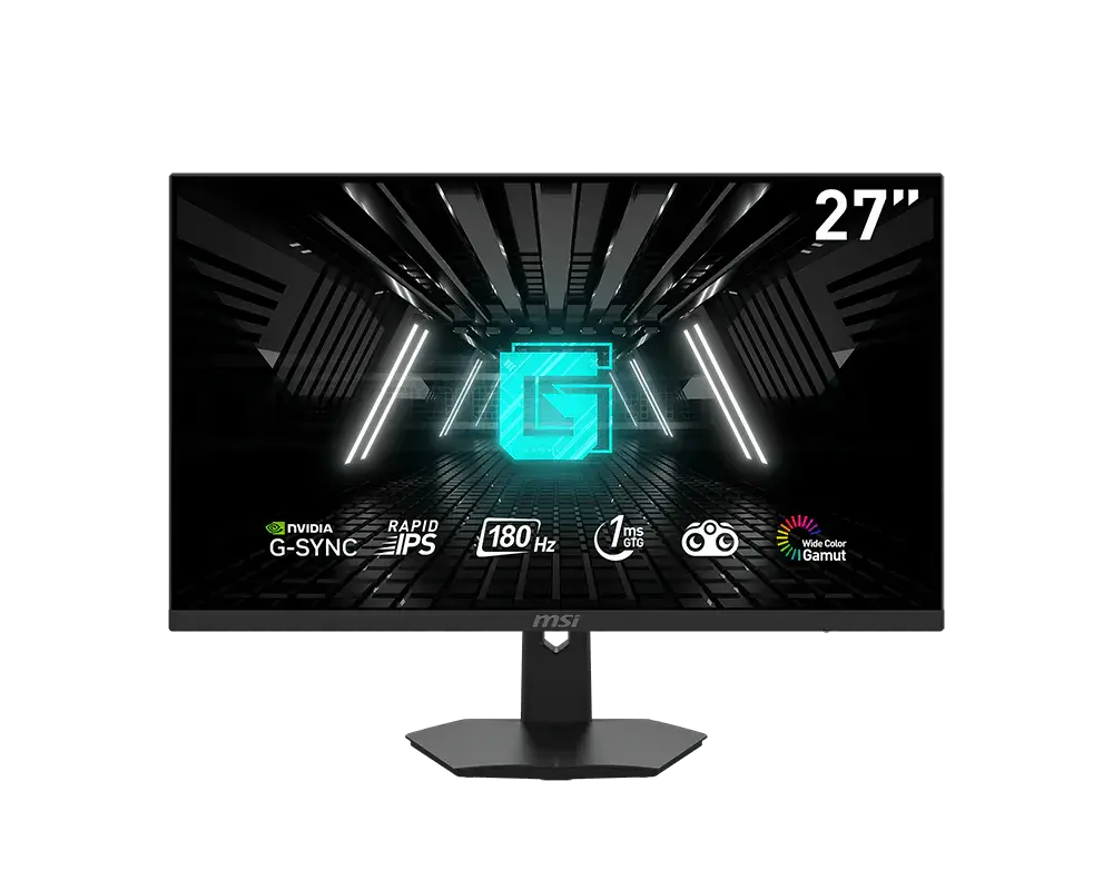 MSI G274F monitor on its supplied stand, official front view with manufacturer sample screen artwork