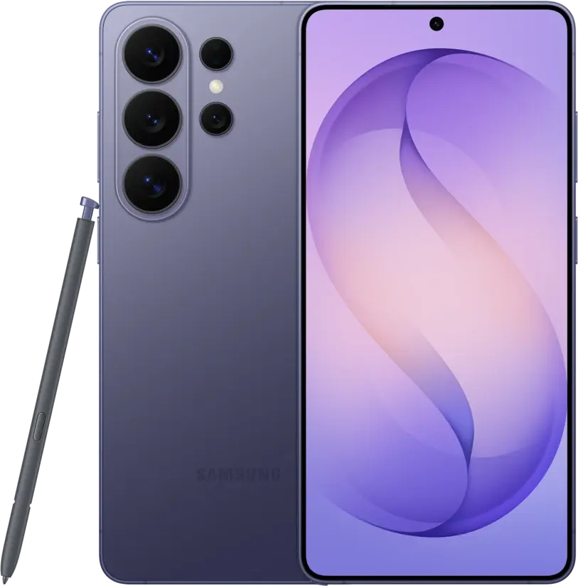 Galaxy S26 Ultra in Cobalt Violet, front and rear with S Pen