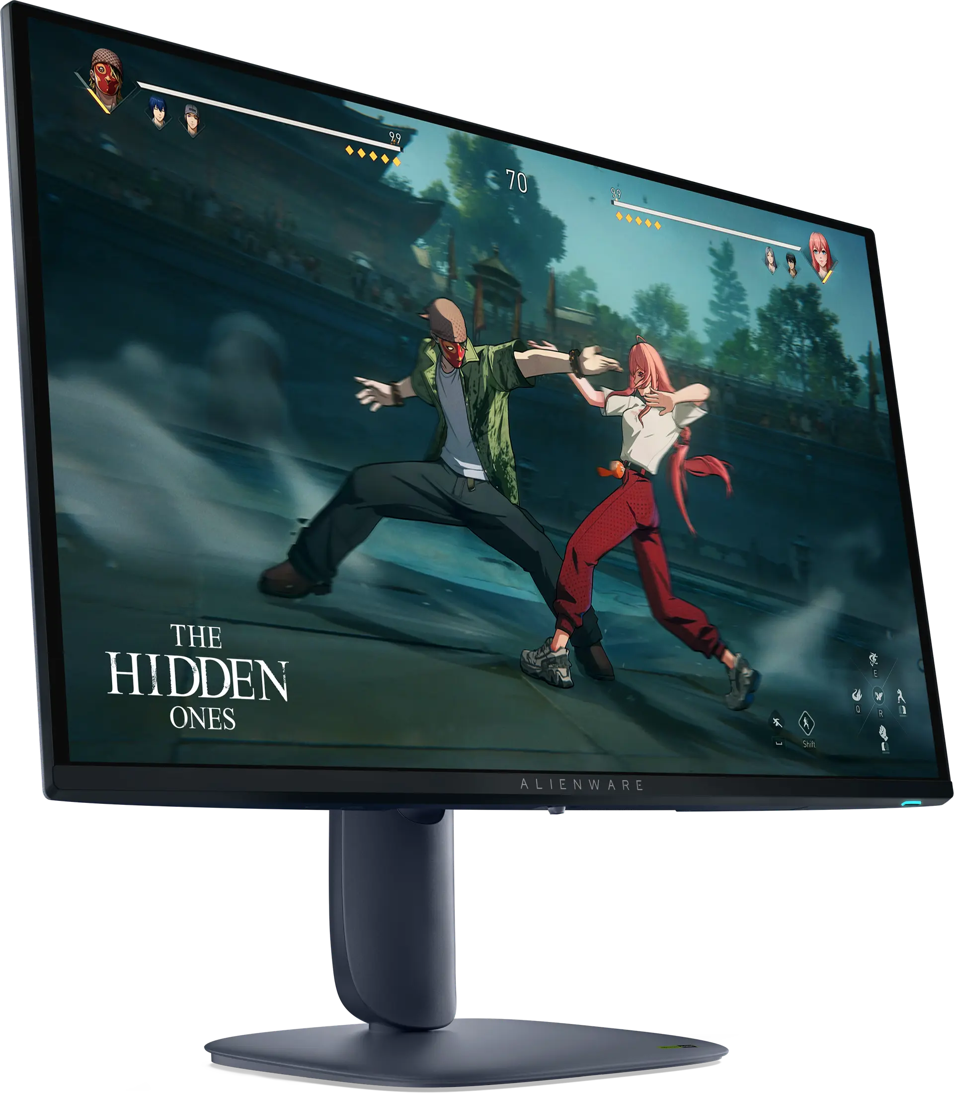 View right-facing Alienware 27 280Hz QD-OLED Gaming Monitor AW2725D. Gameplay on screen is of The Hidden Ones.