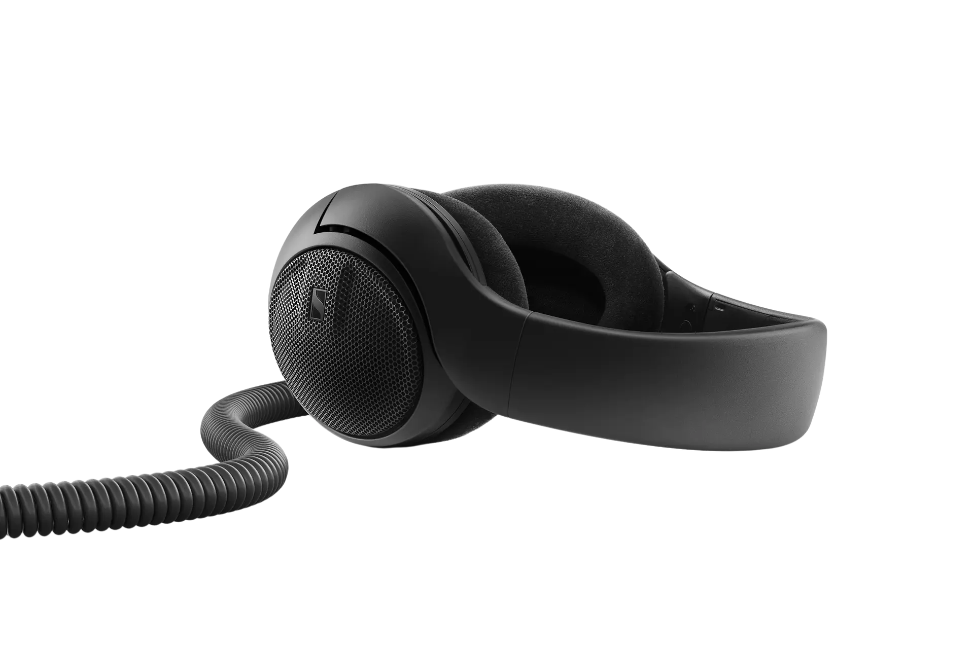 Sennheiser HD 400 PRO open-back studio headphones in black lying on their side, showing the whole padded headband and attached coiled cable