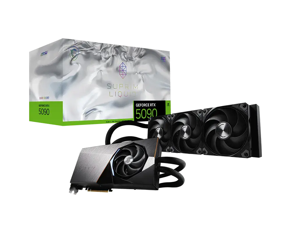 MSI GeForce RTX 5090 32G SUPRIM LIQUID SOC: one graphics card with its connected liquid-cooling radiator and tubes beside its exact model retail box