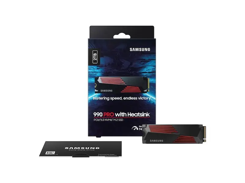 Samsung 990 PRO with Heatsink 2 TB M.2 SSD with its 2 TB retail box and leaflet; official image associated with MZ-V9P2T0CW