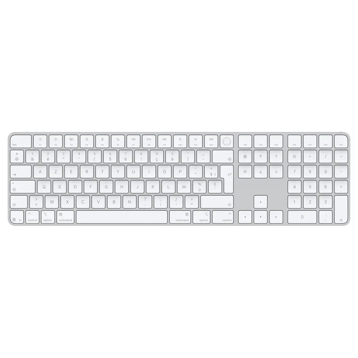 Magic Keyboard with Touch ID and Numeric Keypad, whitekeys, silver aluminium structure, round Touch ID sensor, full-height function keys