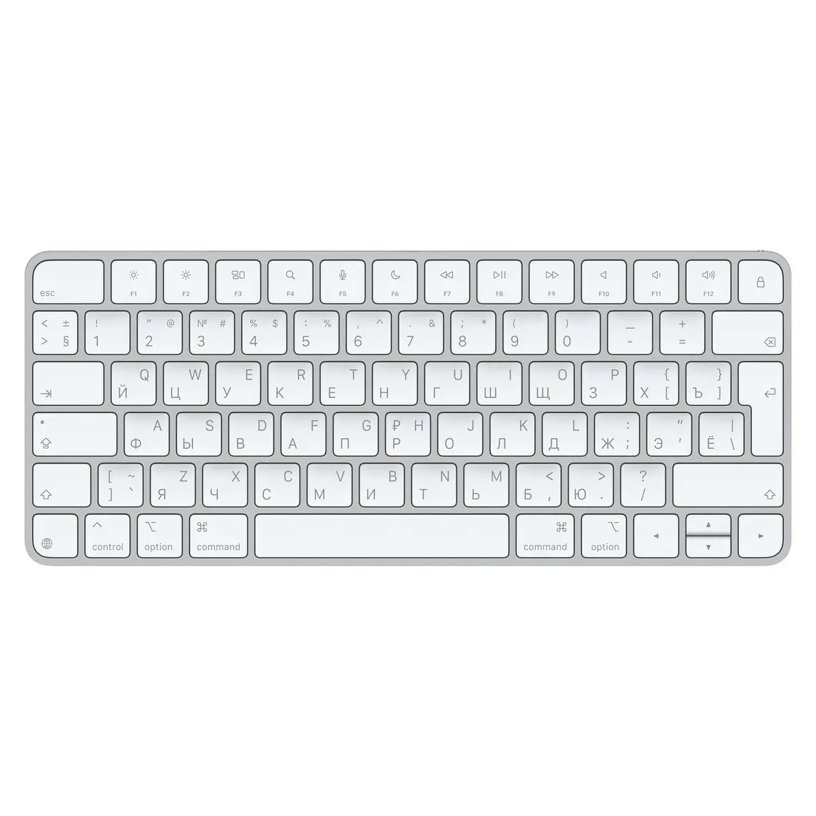 Magic Keyboard, white keys, silver aluminium structure, full-height function keys, half-height up and down arrow keys