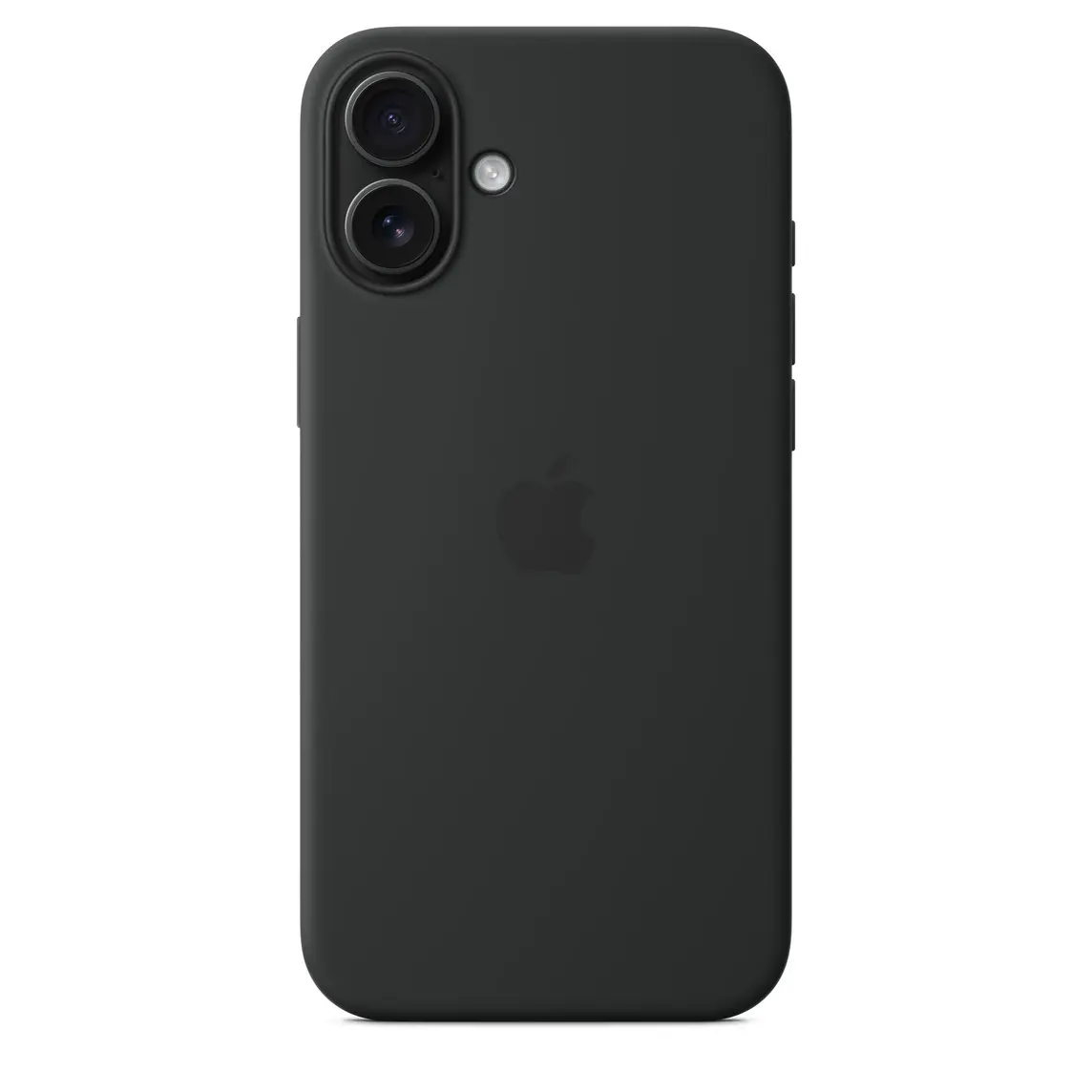 iPhone 16 Plus Silicone Case with MagSafe in Black, embedded Apple logo in centre, attached to iPhone 16 Plus Black finish, seen through camera cut-out.