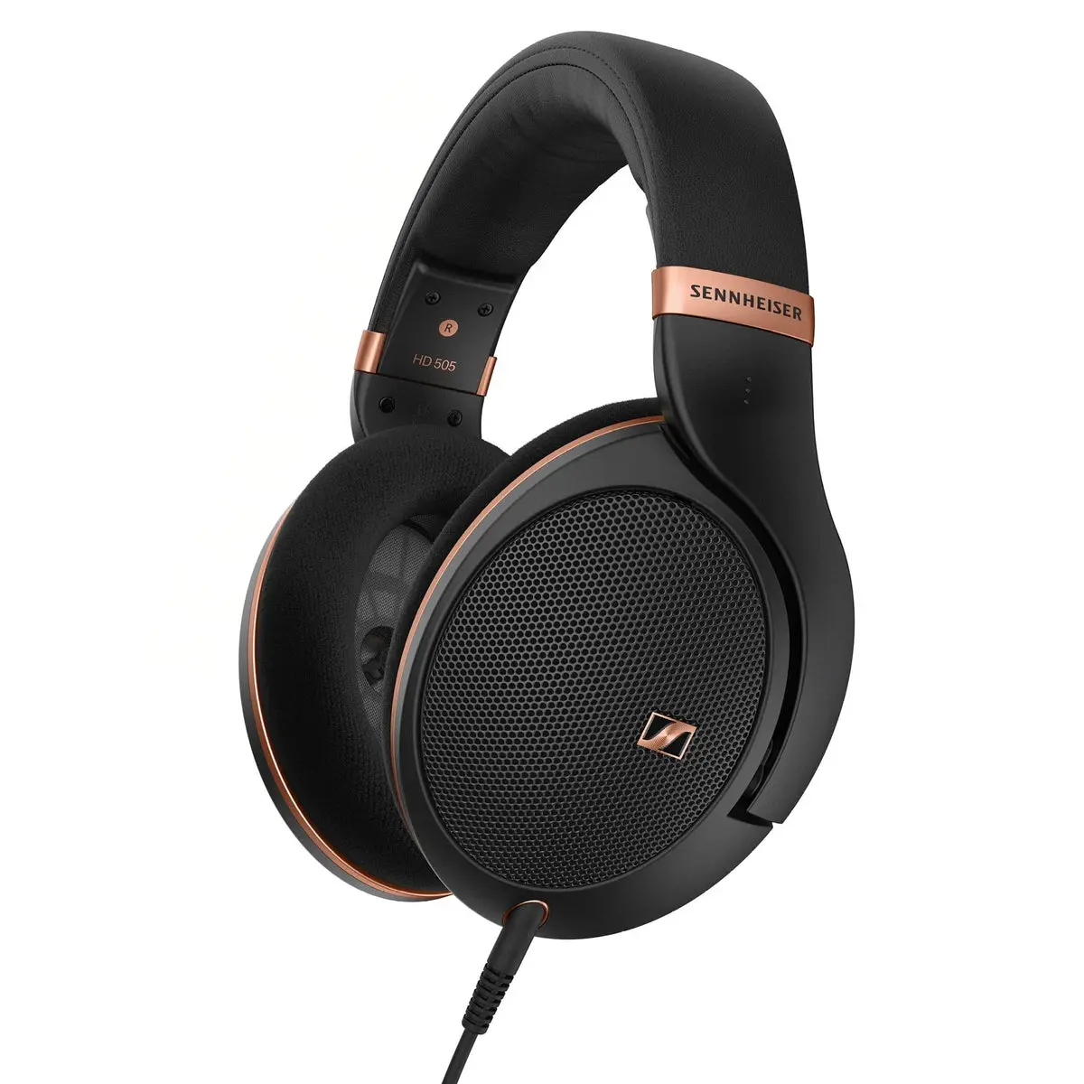 Sennheiser HD 505 open-back over-ear headphones in black with copper accents, three-quarter view