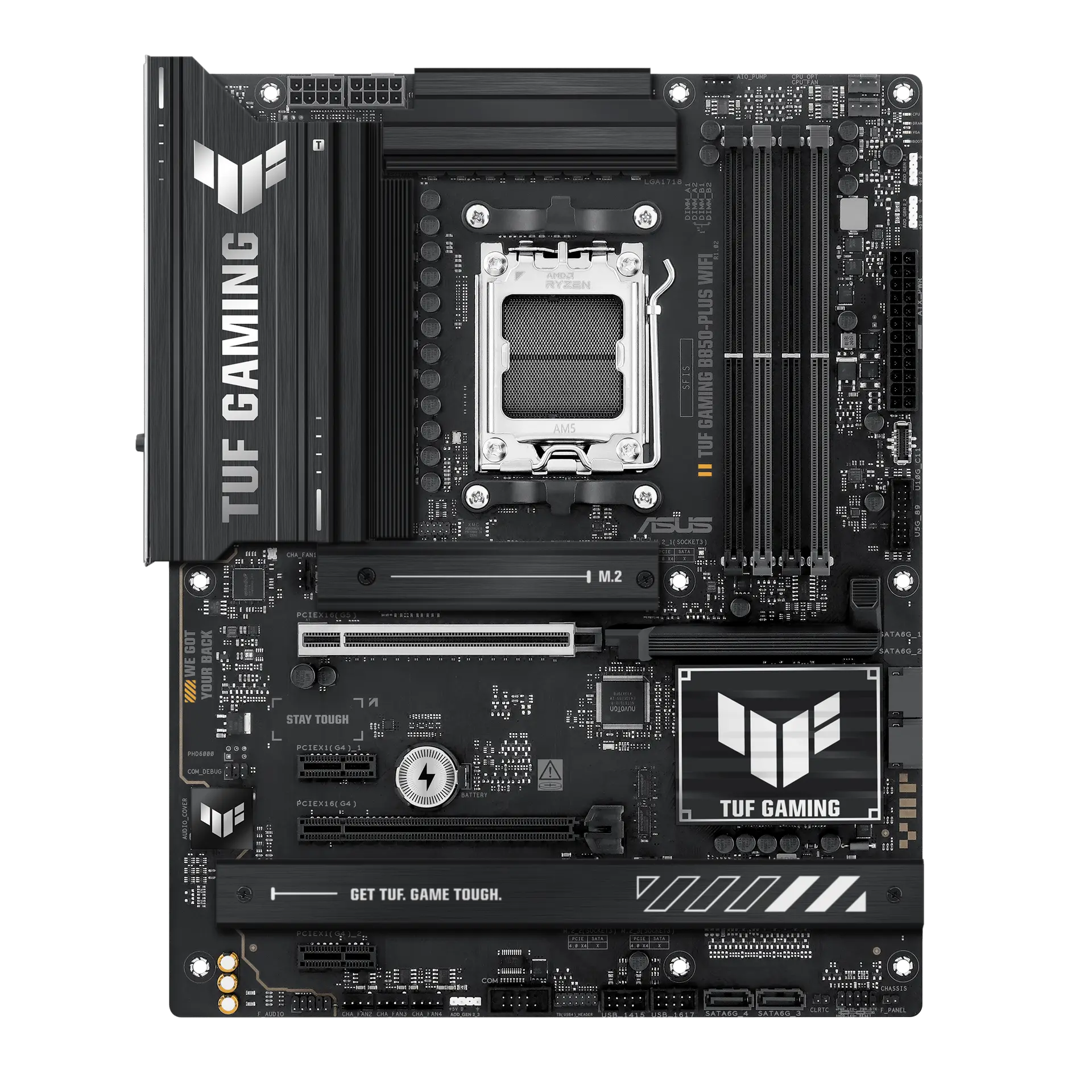 ASUS TUF GAMING B850-PLUS WIFI motherboard, official front view showing its exact board layout, processor socket, memory slots and heatsinks.