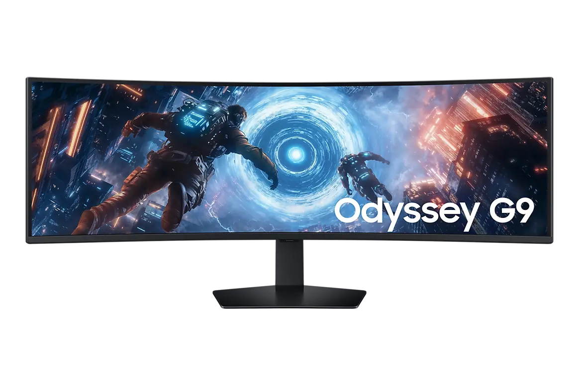Samsung Odyssey G9 G91F 49-inch monitor, official exact-model gallery view showing the screen and supplied stand.