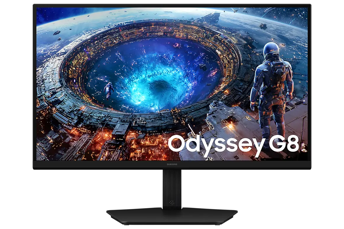 Samsung Odyssey G8 G80HF 27-inch monitor, official exact-model gallery view showing the screen and supplied stand.