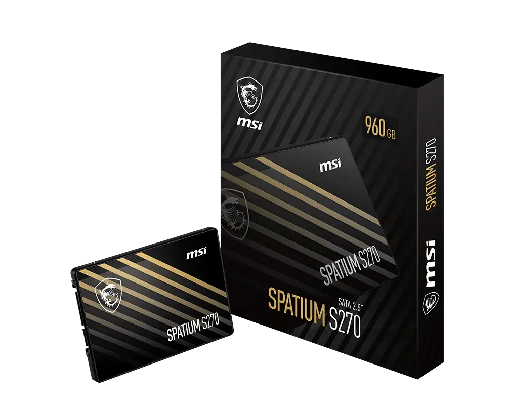 MSI SPATIUM S270 2.5-inch SATA SSD beside its 960 GB retail box